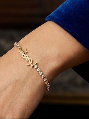 🆕 YSL Gold Logo Tennis Bracelet with Crystal Accents